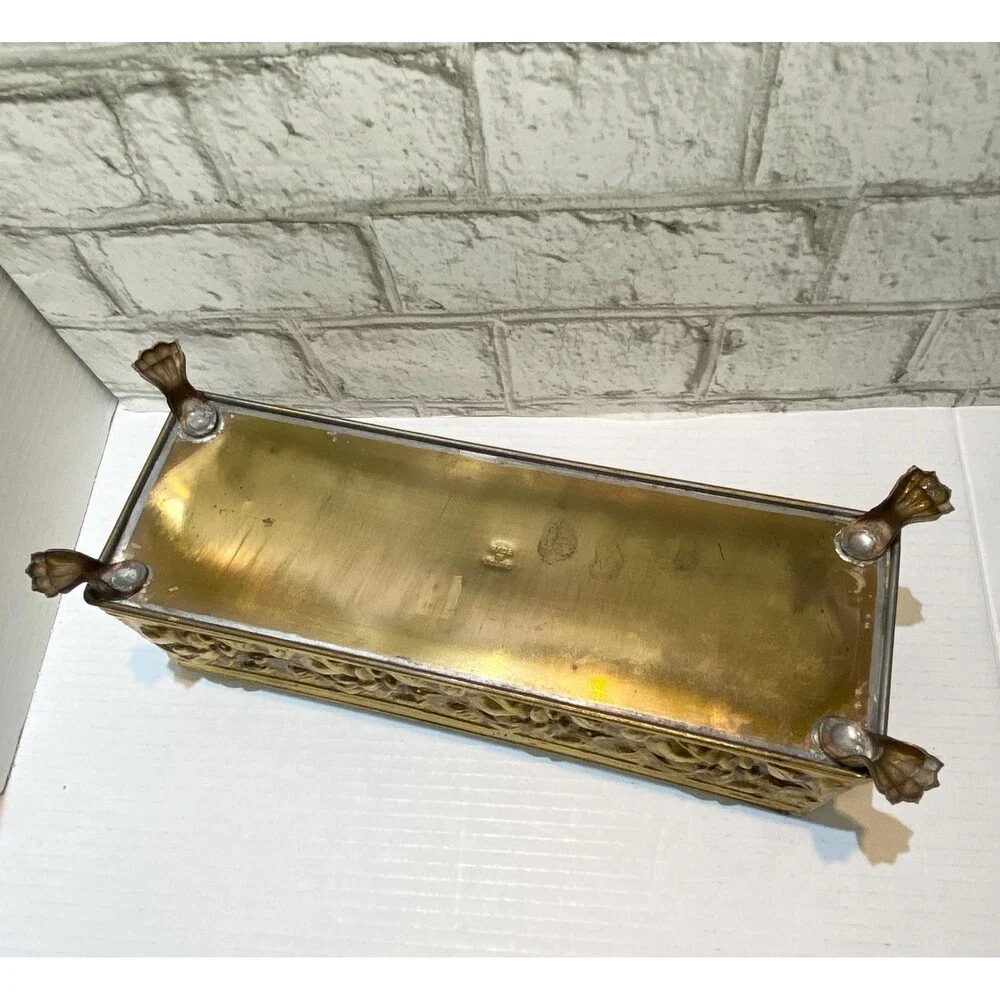 Vintage English Brass Footed Planter/Container with Embossed Rose Pattern